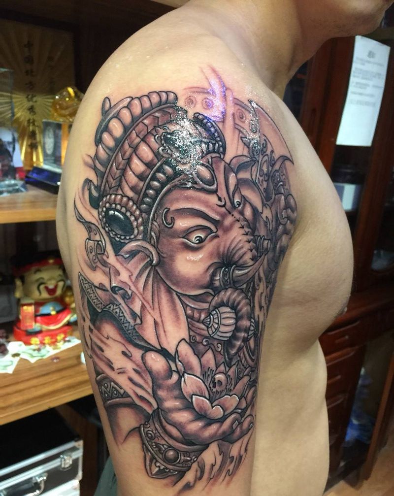 象神纹身图片_成品手臂传统纹身图案