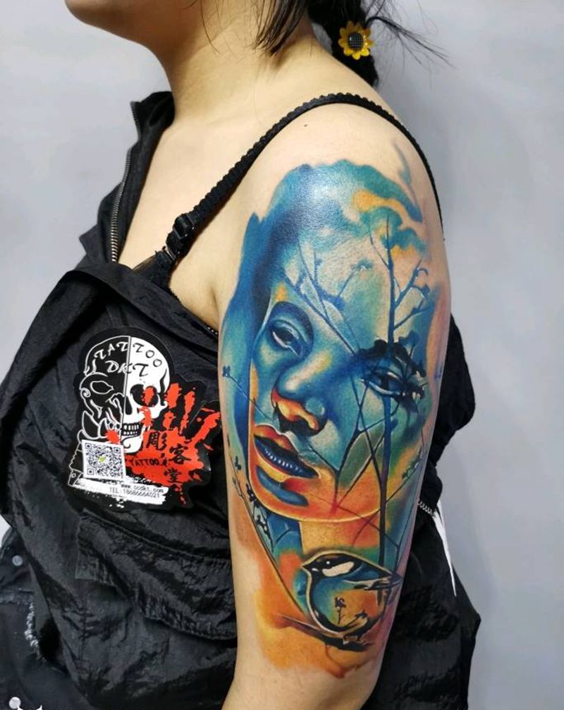 蓝色妖姬纹身图片_手臂欧美写实纹身图案