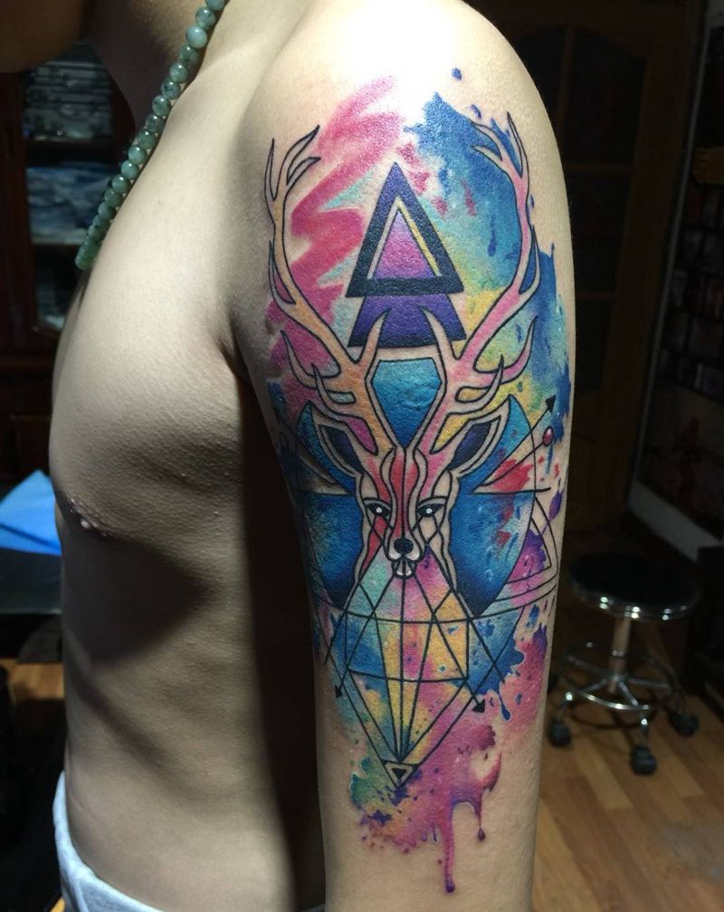 水彩小鹿纹身图片_成品手臂清新动物几何原创纹身图案