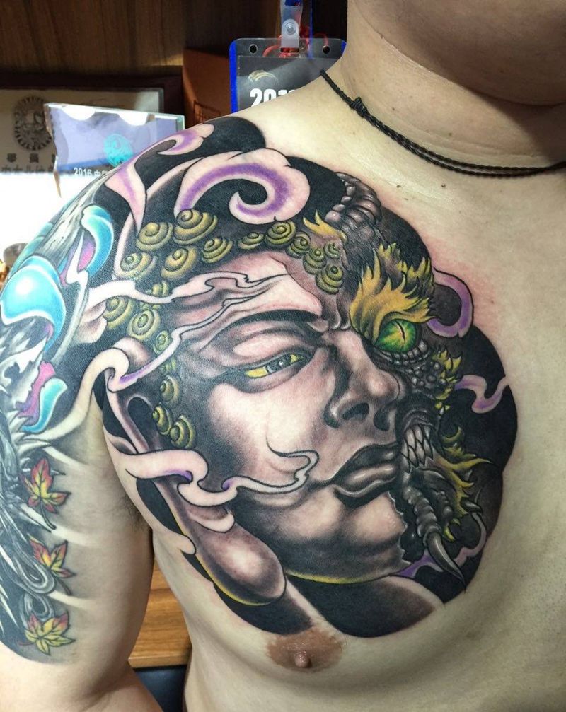 善恶一念间 遮盖作品纹身图片_遮盖成品手臂胸部传统鬼神纹身图案