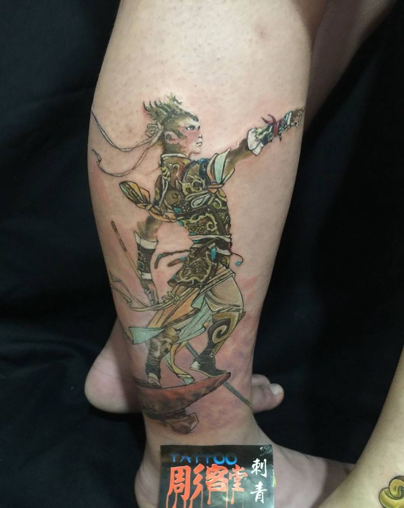孙悟空金箍  情侣纹身你看懂了吗纹身图片_成品腿部脚部写实国画人物原创鬼神纹身图案