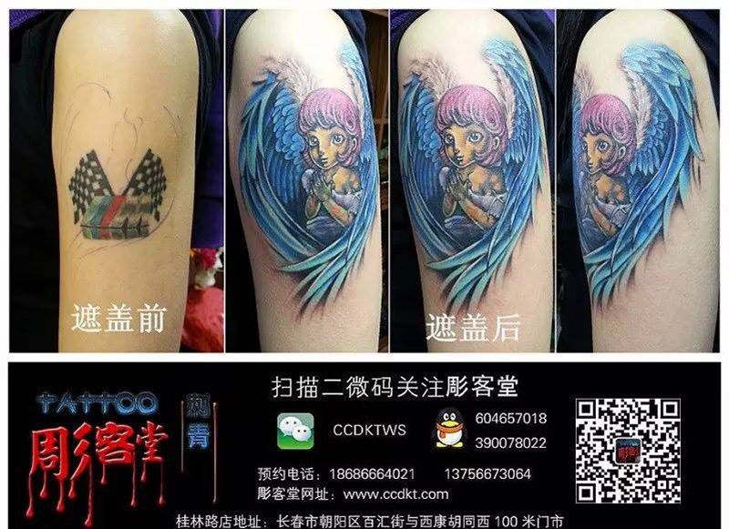 遮盖  天使纹身图片_成品手臂传统人物纹身图案