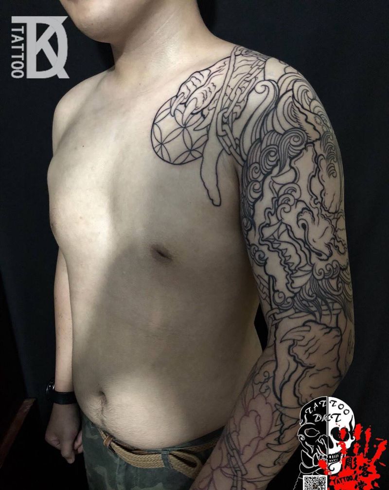 唐狮花臂线条部分待续纹身图片_手臂传统动物原创纹身图案