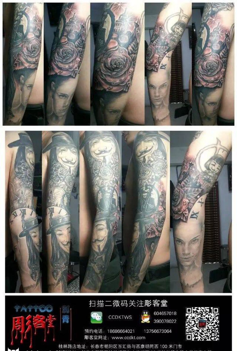 V字仇杀队主题花臂纹身图片_成品手臂肖像原创人物纹身图案