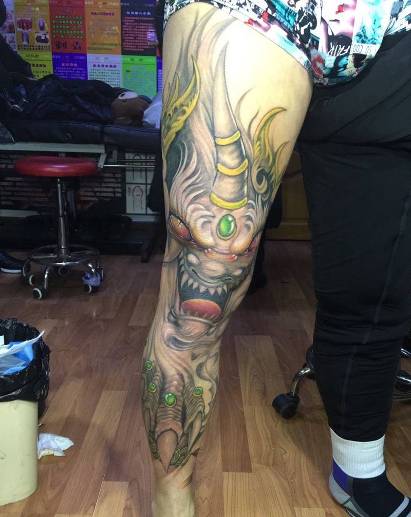 貔貅纹身图片_成品腿部传统动物鬼神原创纹身图案