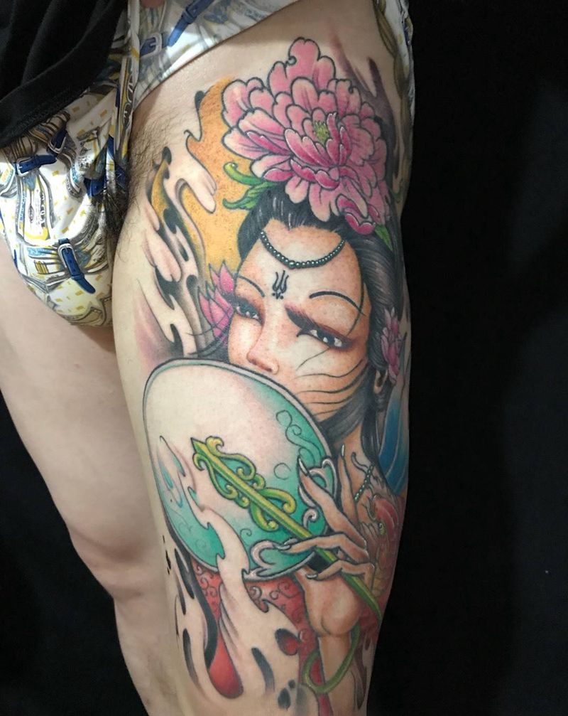 古风美女纹身图片_成品腿部传统人物纹身图案