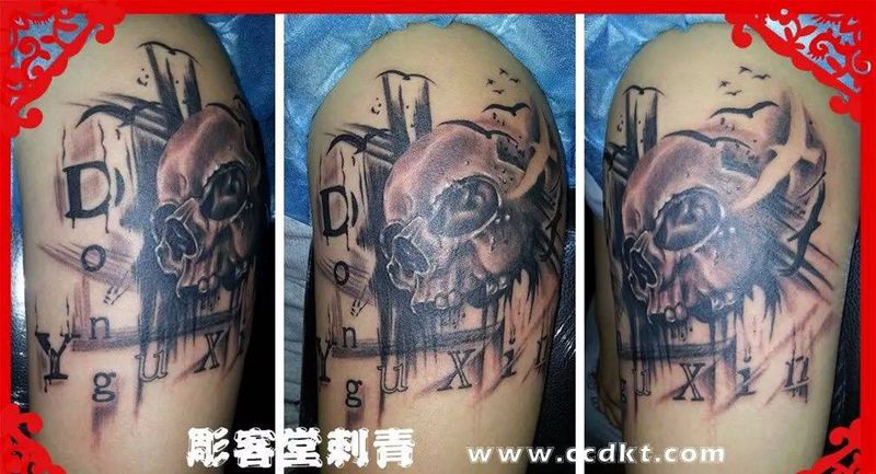 水墨 骷髅纹身图片_国画手臂鬼神纹身图案