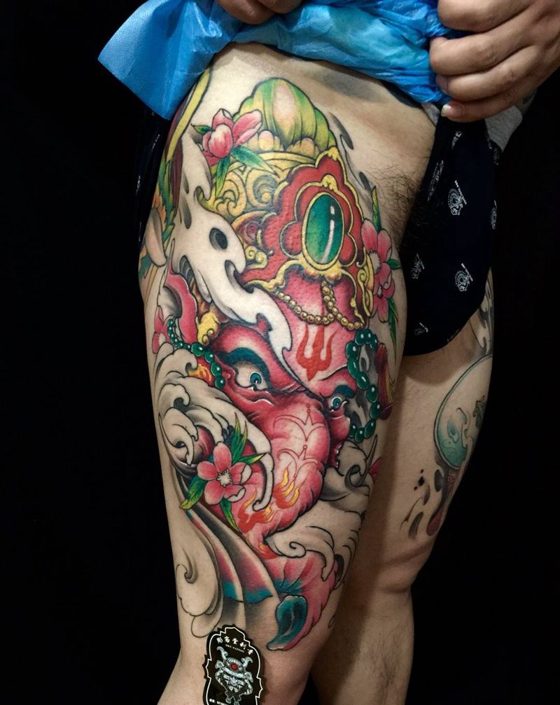 骚粉象神纹身图片_成品腿部传统动物纹身图案