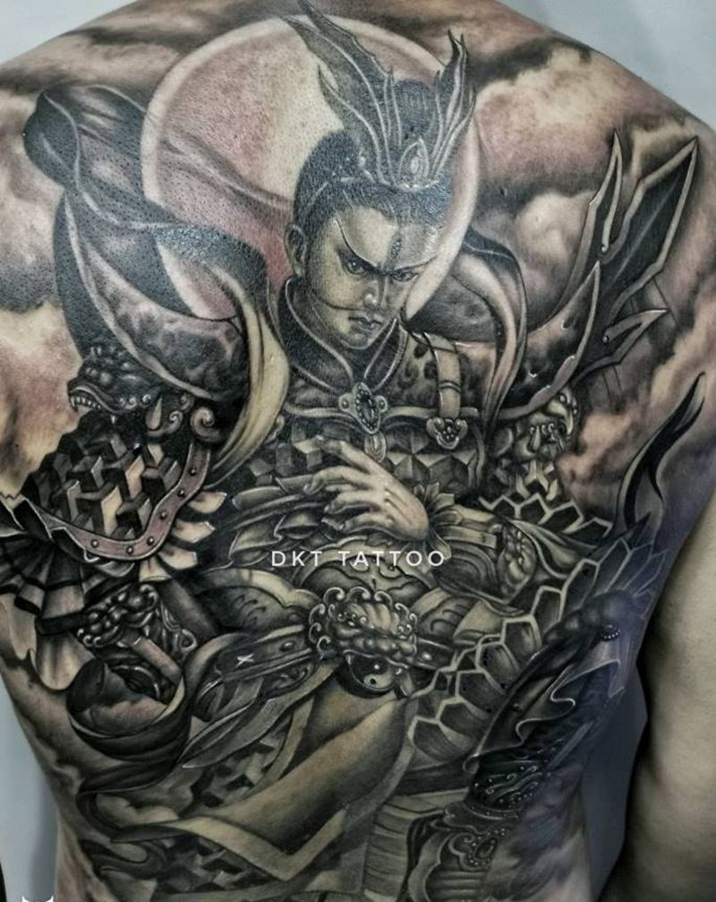 满背二郎神未完成待续纹身图片_背部新传统欧美写实纹身图案