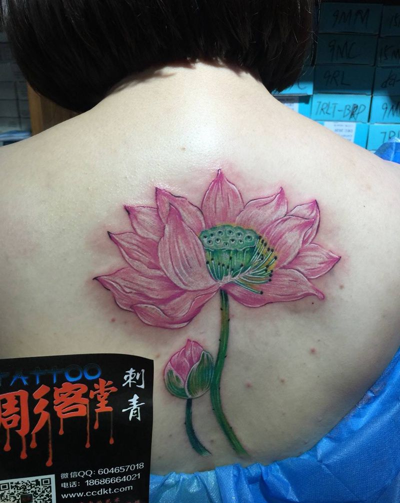 荷花纹身图片_成品背部清新静物原创纹身图案