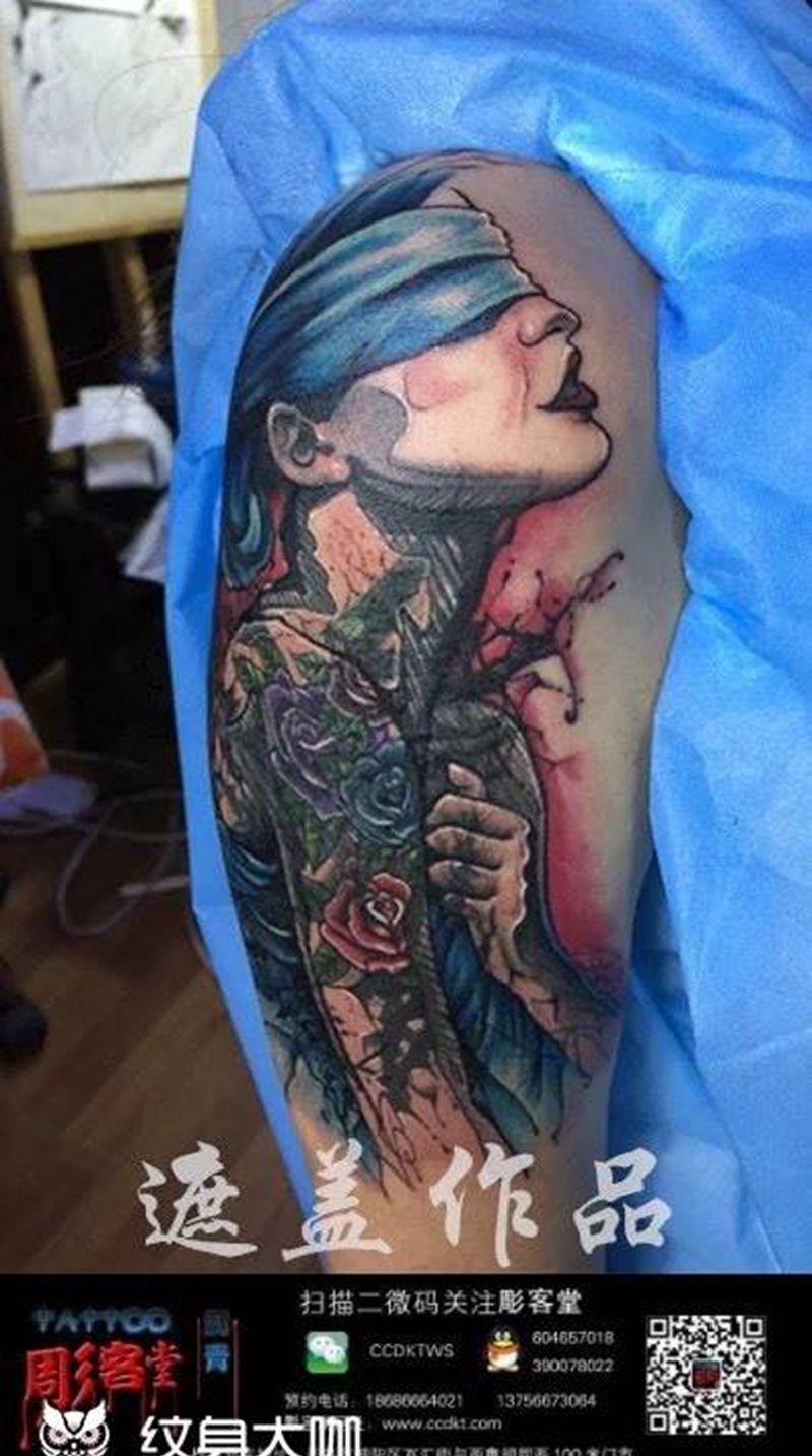 遮盖作品 水墨美女纹身图片_成品手臂国画欧美人物纹身图案