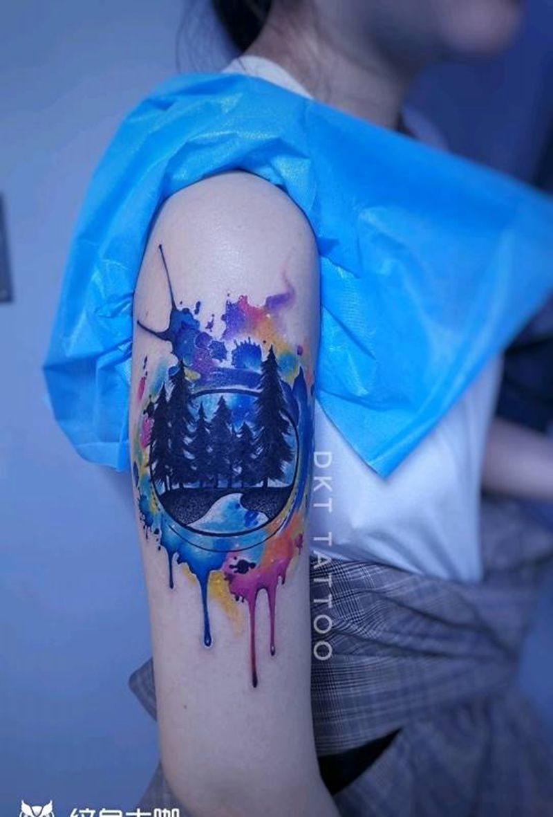 水彩森林夜景遮盖作品纹身图片_手臂水彩遮盖作品纹身图案