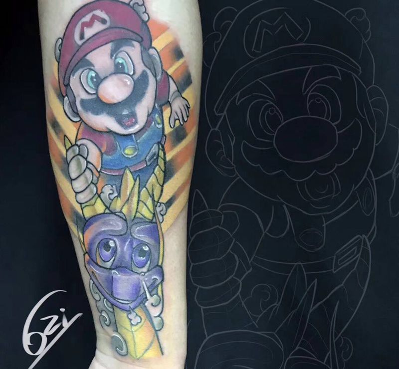 超级马里奥纹身图片_手臂腿部New School水彩纹身图案