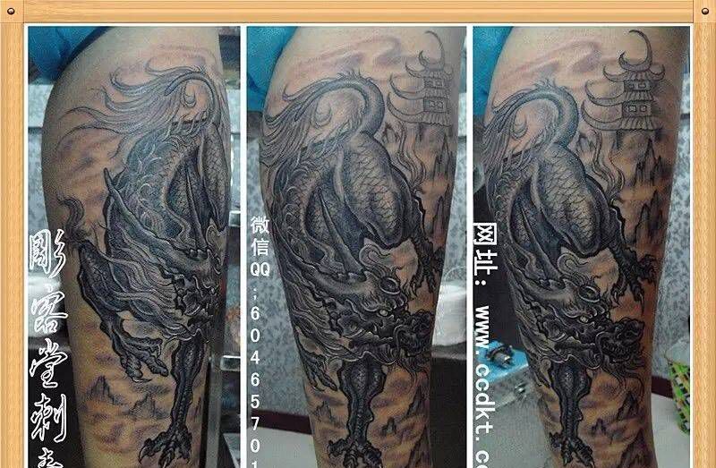 麒麟纹身图片_腿部传统动物纹身图案