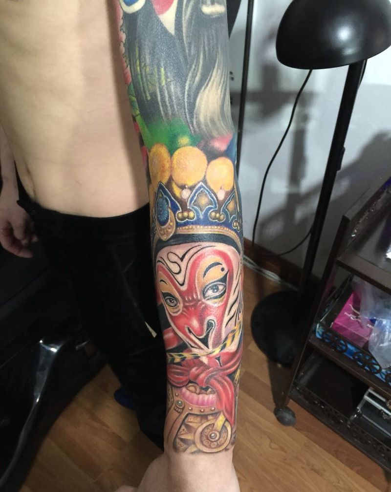 京剧主题花臂纹身图片_手臂传统人物成品纹身图案