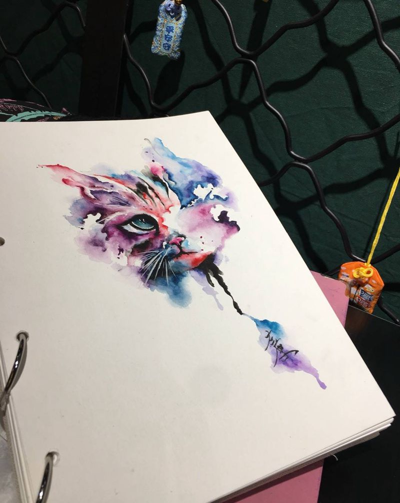 水墨猫纹身图片_手稿动物纹身图案