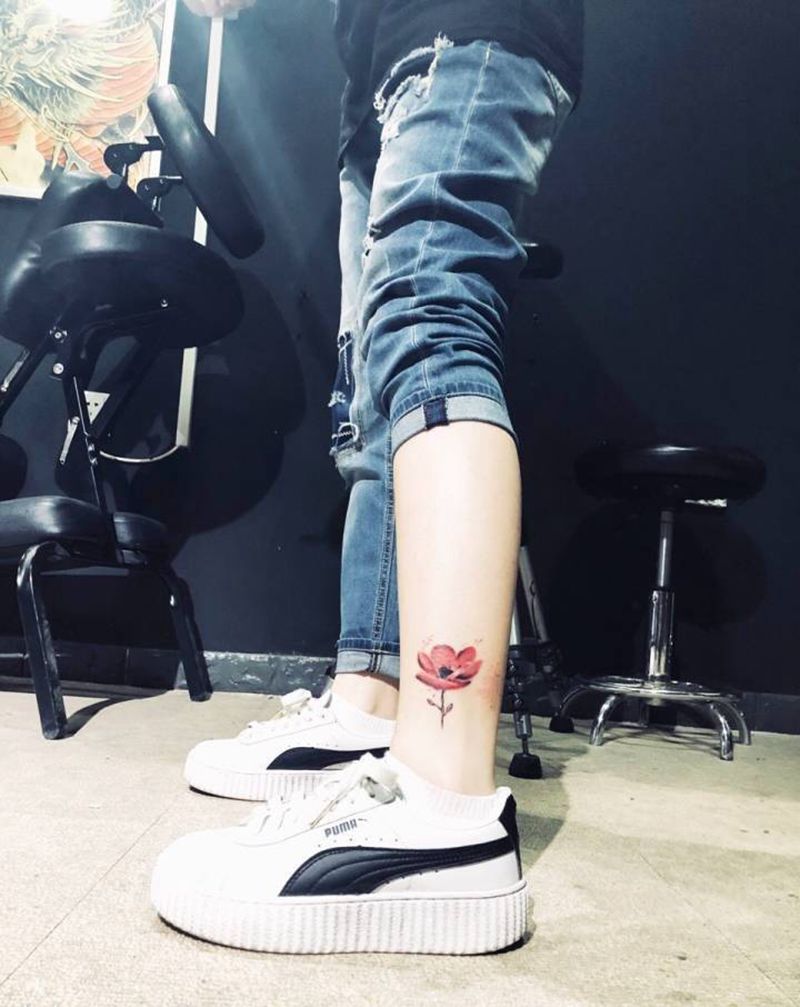 罂粟纹身图片_腿部脚部清新植物纹身图案