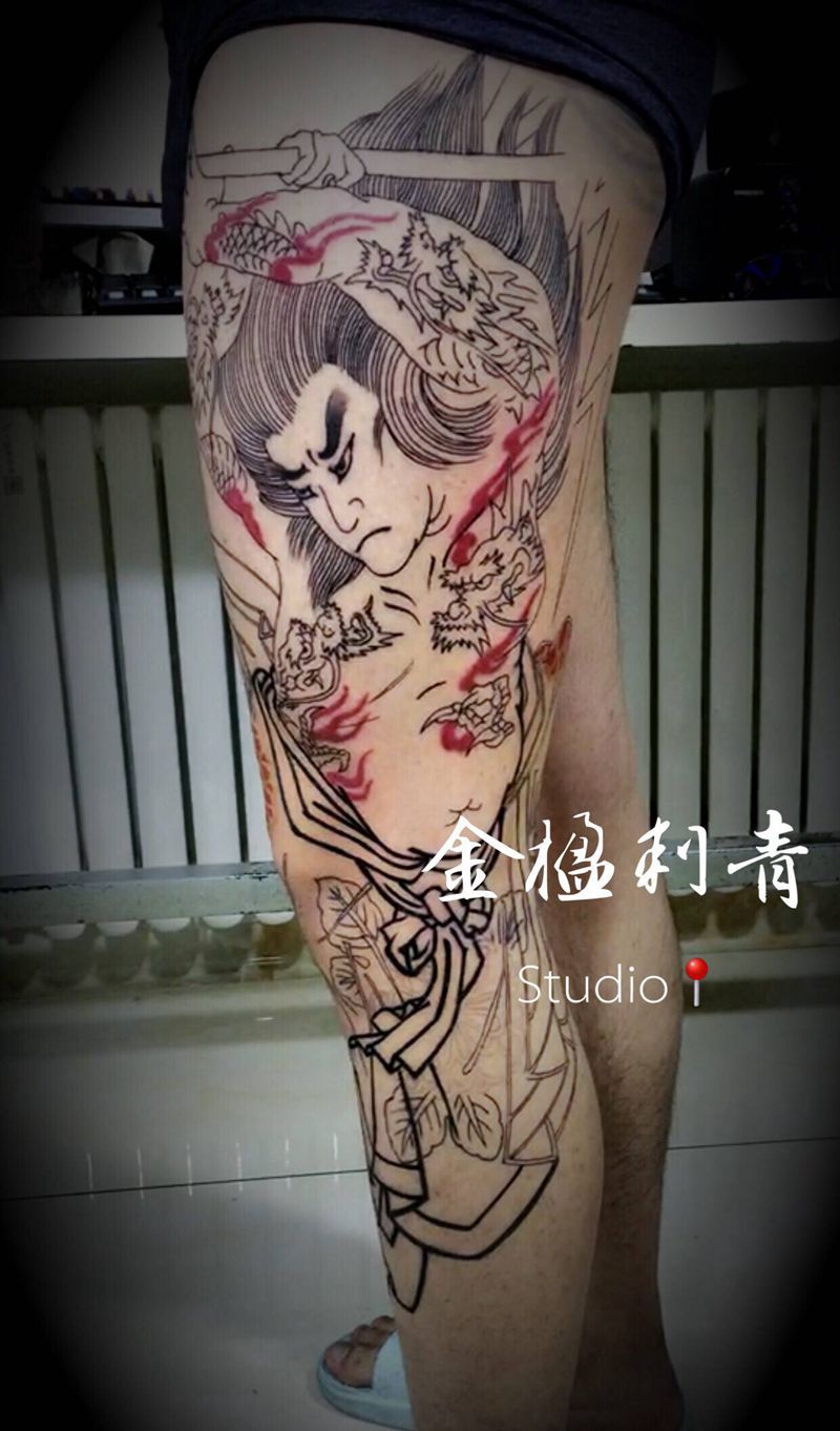 九纹龙史进花腿纹身图片_腿部脚部老传统新传统纹身图案