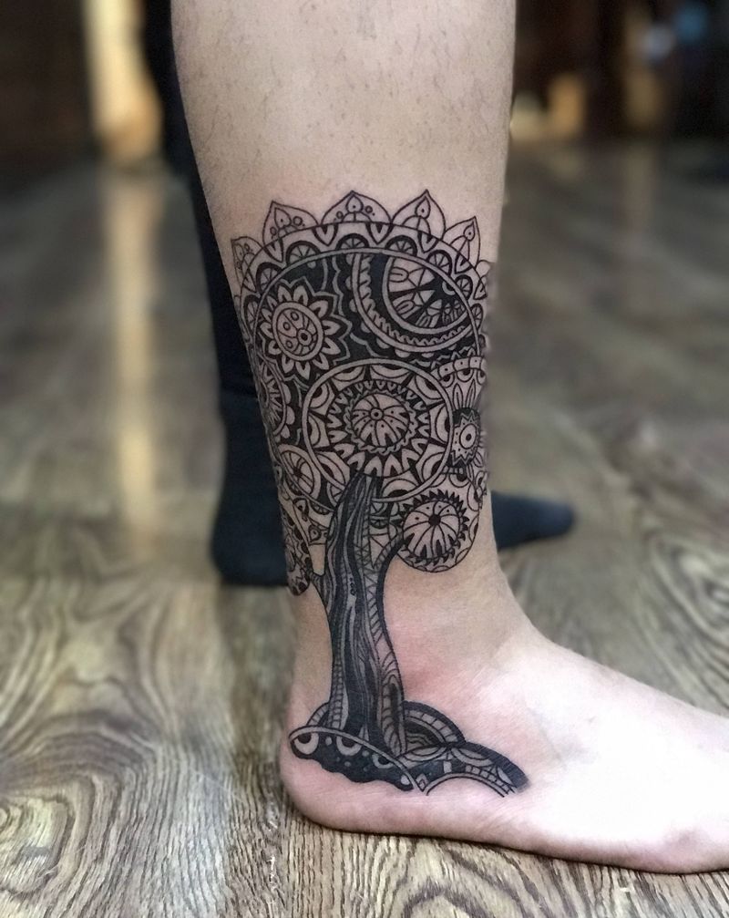 年轮之树纹身图片_腿部脚部图腾纹身图案
