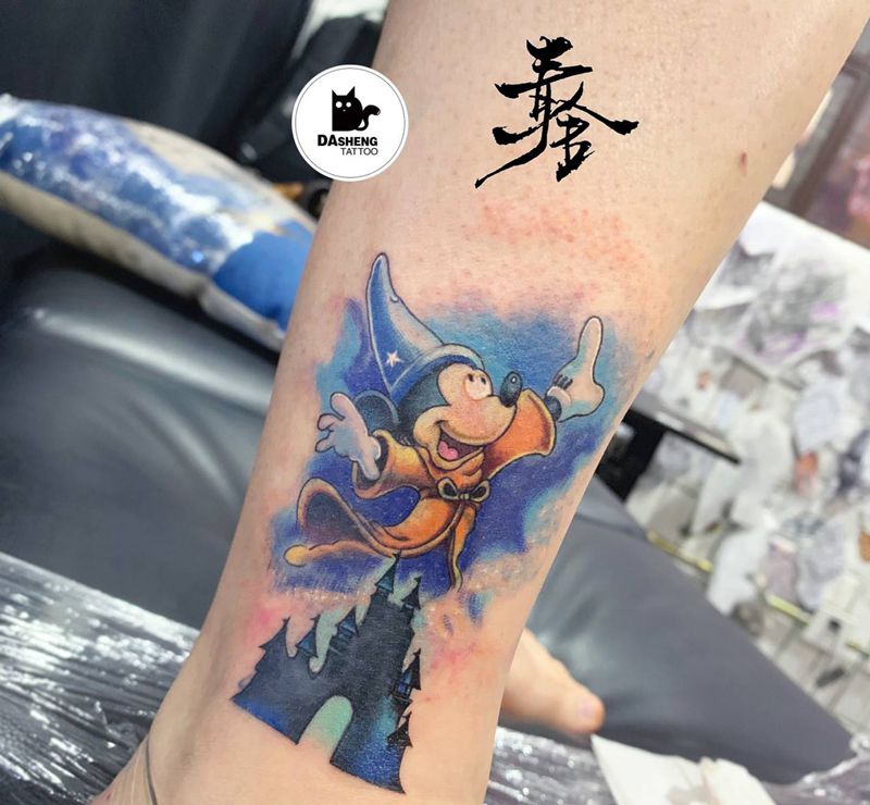 失败纹身遮盖纹身图片_腿部New School水彩米奇纹身图案