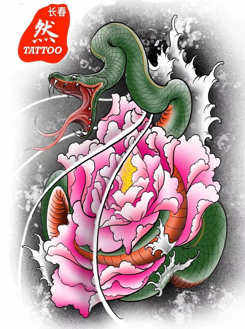 护花小青蛇纹身图片_新传统纹身图案