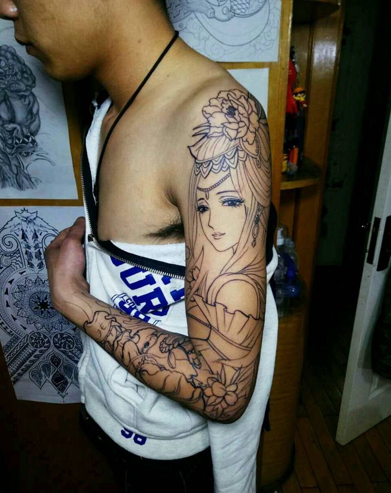 花臂线条纹身图片