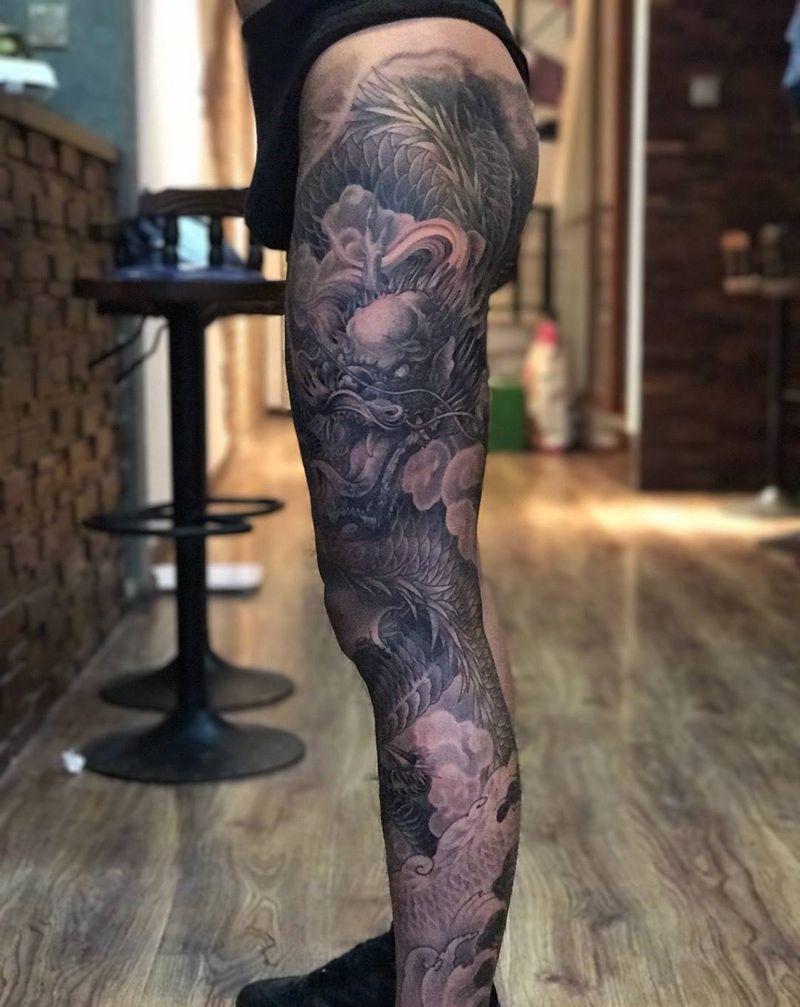 花腿龙纹身图片_成品腿部传统原创动物习俗纹身图案