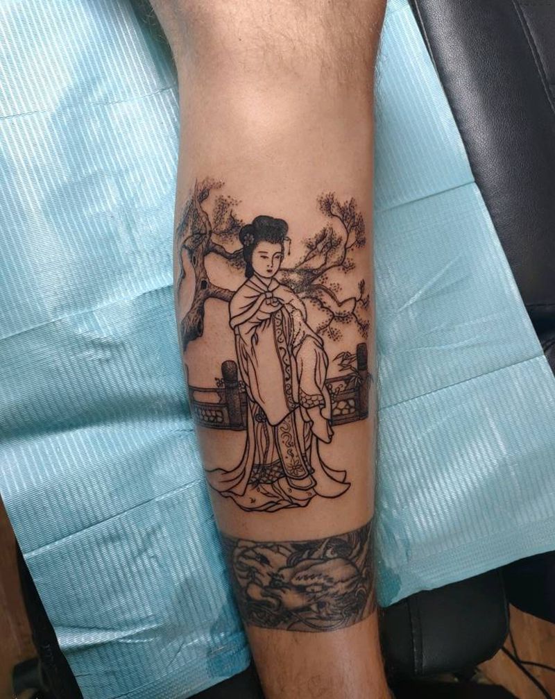 仕女图纹身图片_腿部纹身图案