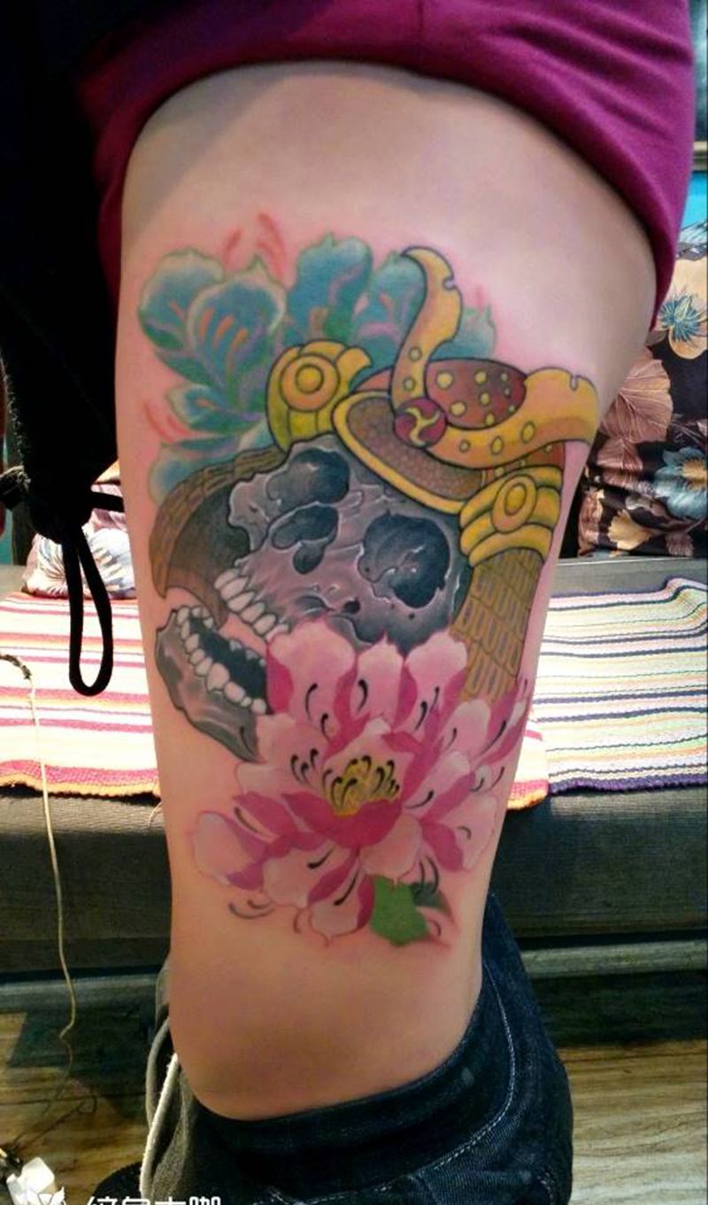 长春展会作品鬼武士纹身图片_腿部传统人物成品纹身图案