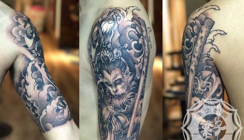 猴纹身图片_手臂肩部老传统新传统纹身图案