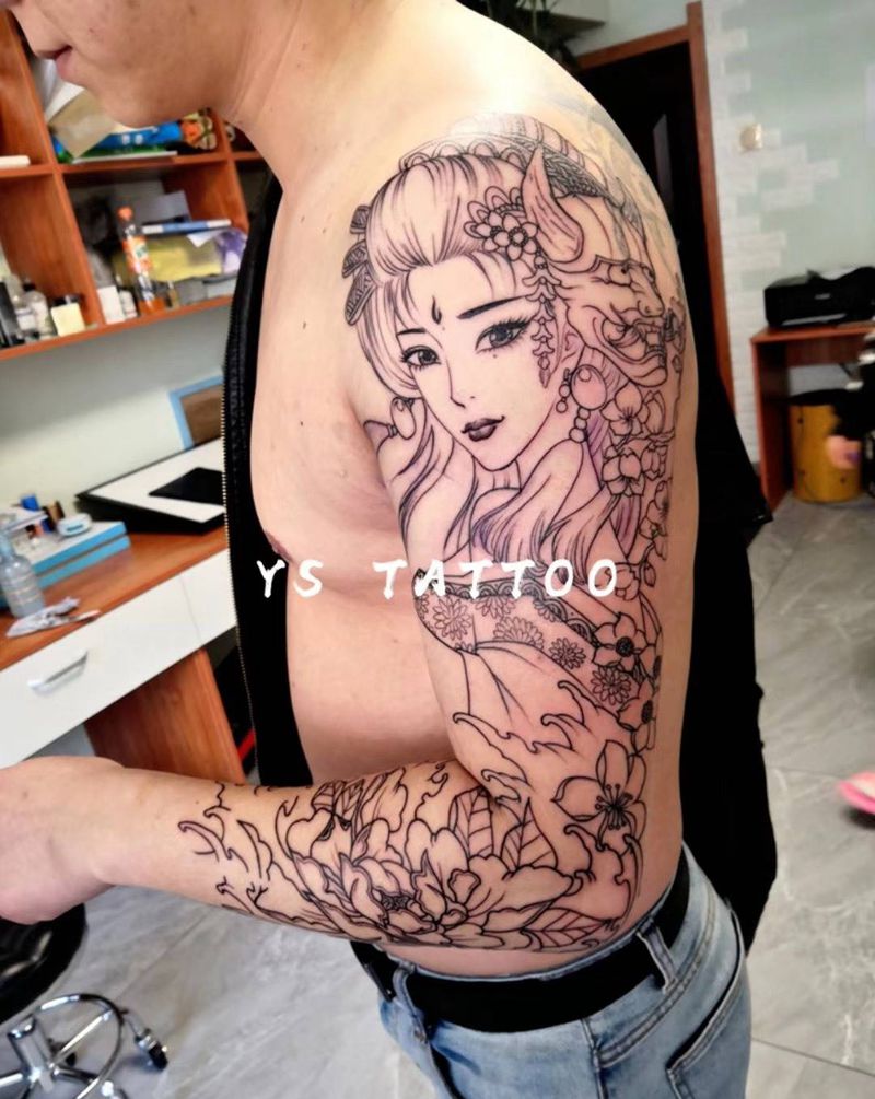 花臂线条纹身图片