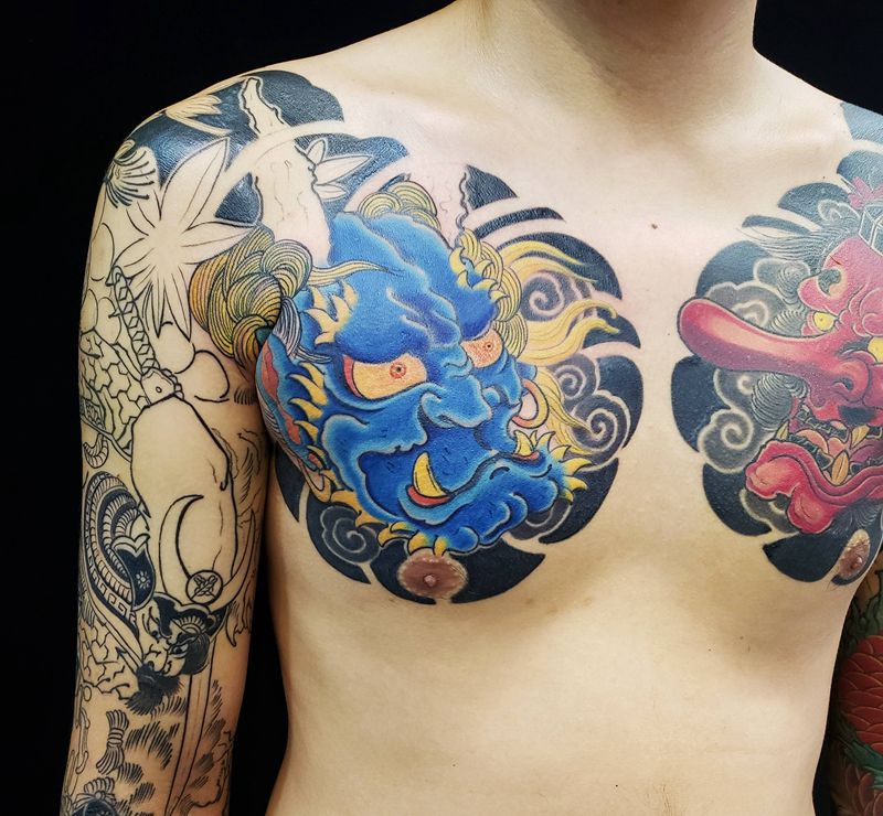 日式新传统雷神天狗纹身图片_胸部手臂老传统新传统纹身图案