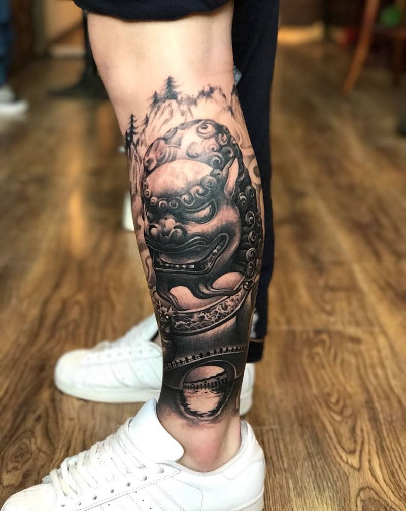 山水石狮纹身图片_成品腿部写实国画宗教动物鬼神静物原创纹身图案