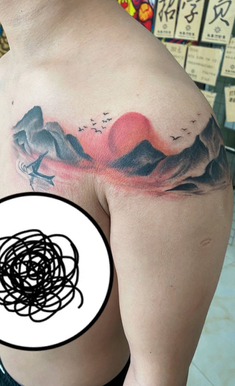 山水纹身图片_水墨水彩纹身图案