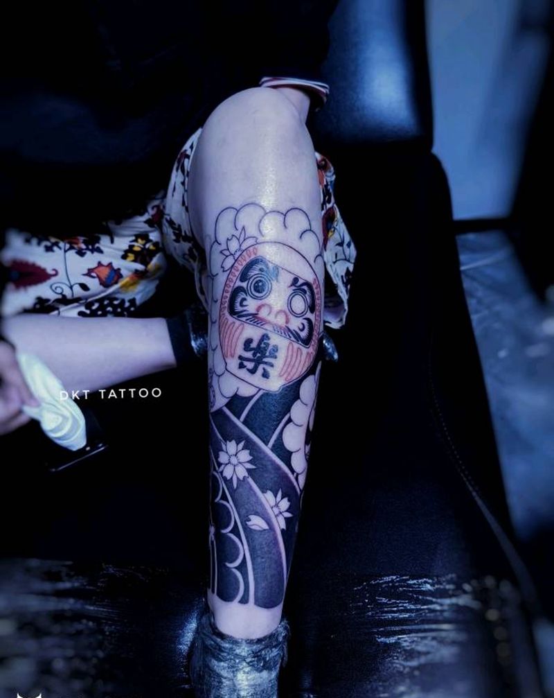老传统包小腿达摩蛋未完成纹身图片_腿部老传统遮盖纹身图案