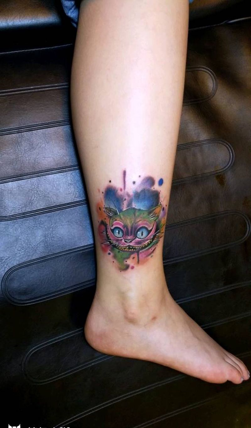 邪恶小猫纹身图片_腿部欧美动物遮盖成品纹身图案