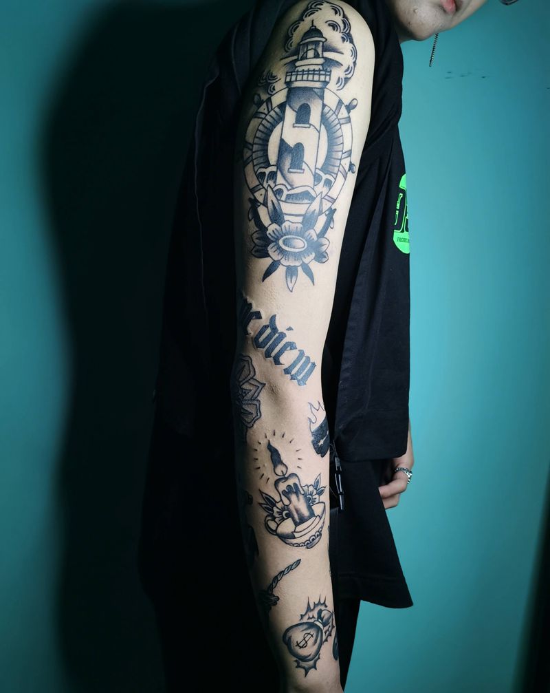 old school拼接花臂纹身图片_手臂Old School纹身图案