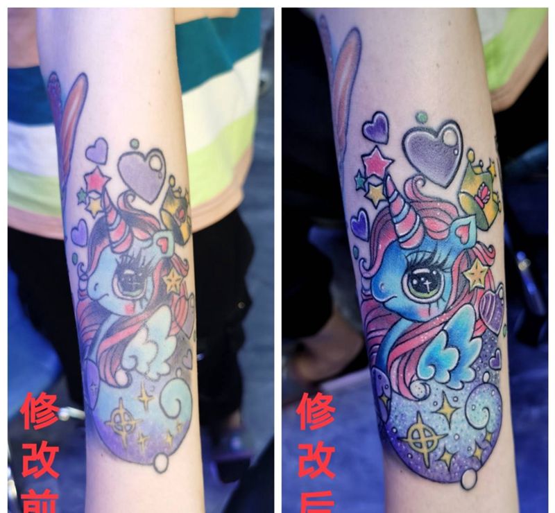 小臂独角兽纹身修改作品纹身图片_手臂New School水彩修改遮盖纹身图案