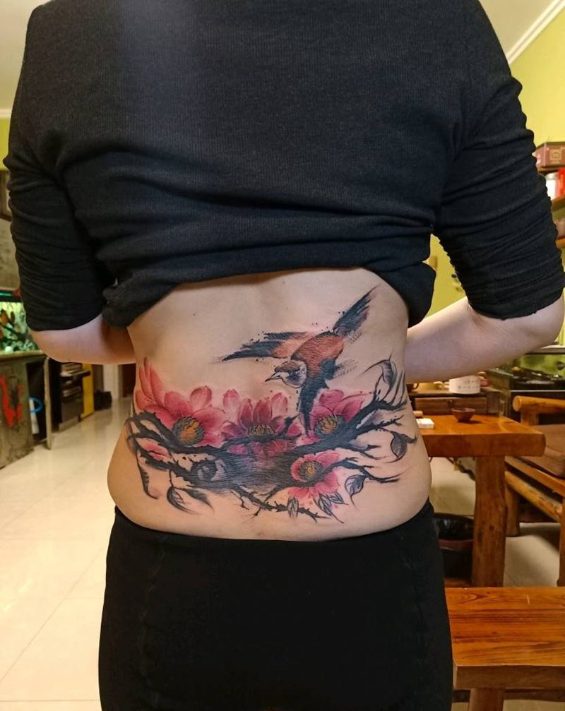 遮盖作品纹身图片_腰部水墨纹身图案