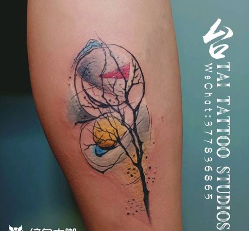 生命力纹身图片_腿部水彩纹身图案