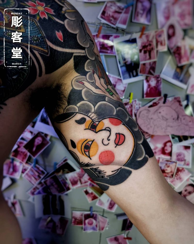 能面纹身图片_手臂老传统新传统纹身图案