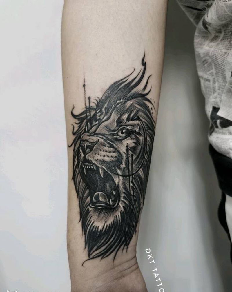 点刺狮子遮盖作品纹身图片_手臂点刺欧美写实遮盖作品纹身图案