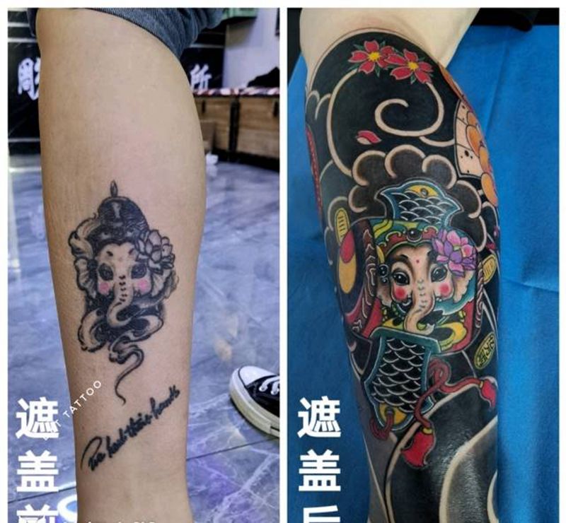 达摩蛋福锤包小腿遮盖纹身图片_腿部老传统遮盖纹身图案