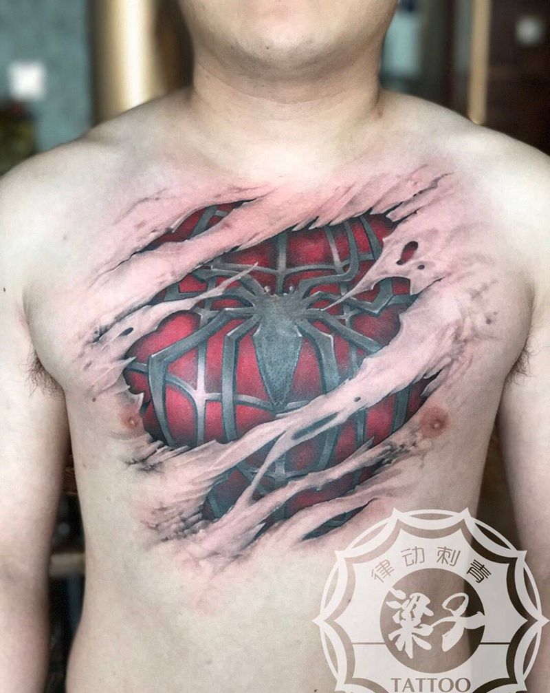 蜘蛛侠纹身图片_成品胸部欧美写实动物人物静物纹身图案