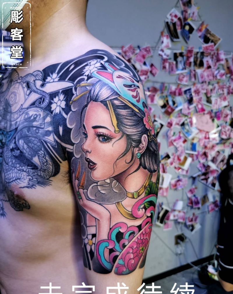 新老传统结合体艺伎纹身图片_手臂老传统新传统艺伎纹身图案