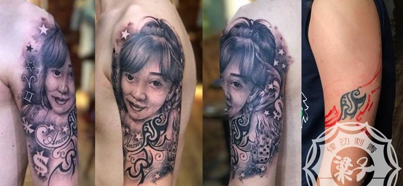 肖像纹身图片_肩部手臂欧美写实Old School肖像人物纹身图案