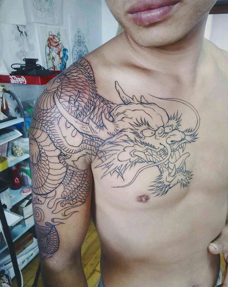 半胛龙线条纹身图片