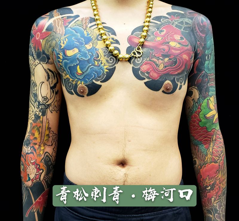 日式双纹身图片_胸部手臂老传统新传统纹身图案