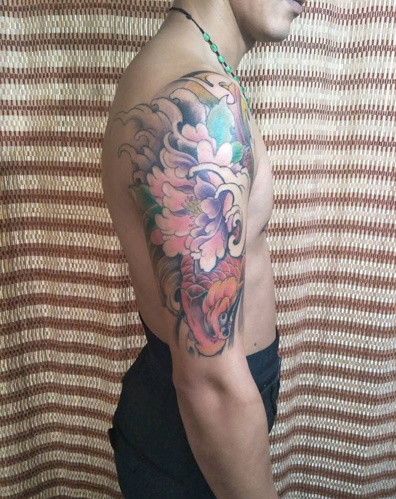 彩色鲤鱼纹身图片_手臂纹身图案