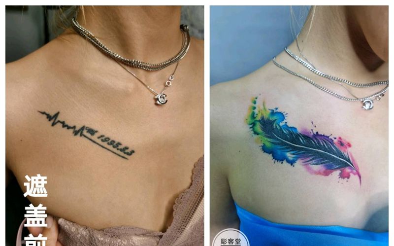 水彩羽毛遮盖作品纹身图片_胸部水彩遮盖纹身图案